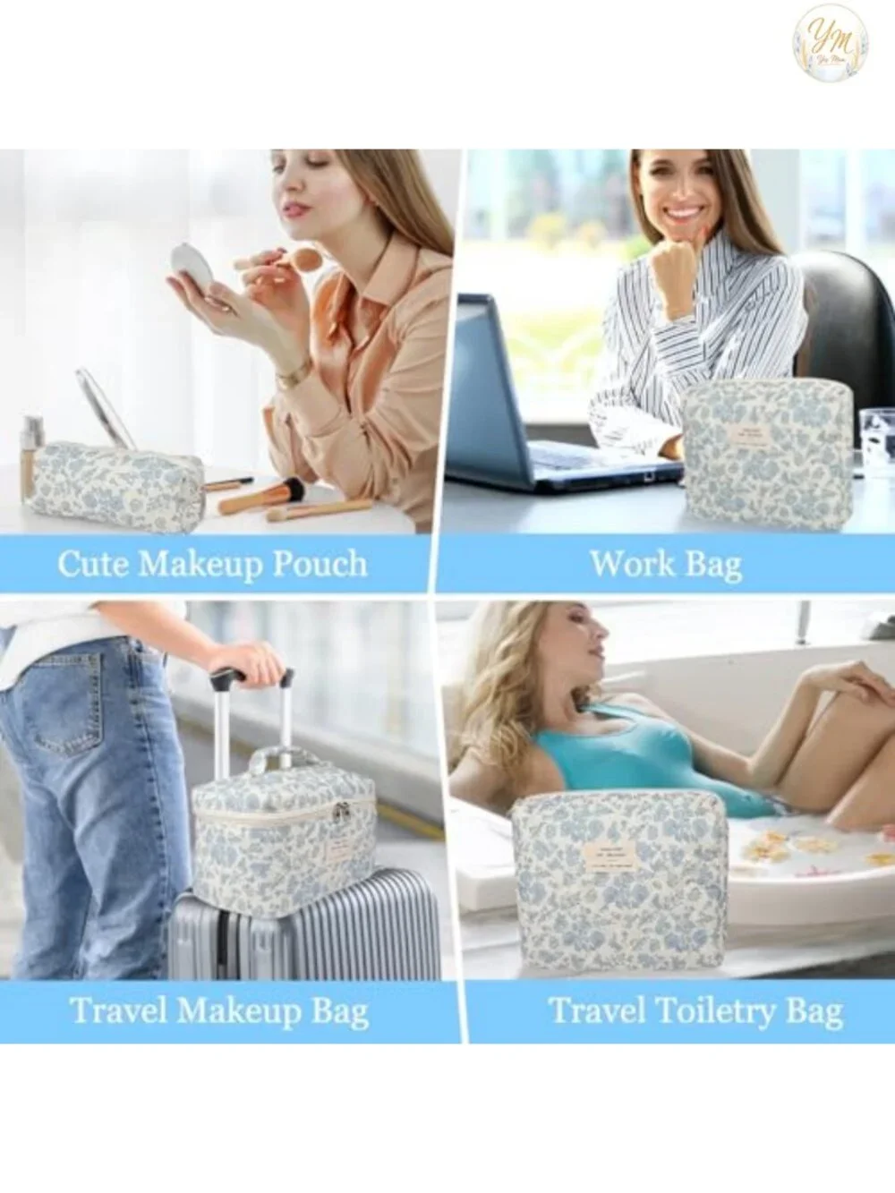 Quilted Makeup Bag Set Large Cotton Cosmetic Organizer with Gold-Plated Zippers